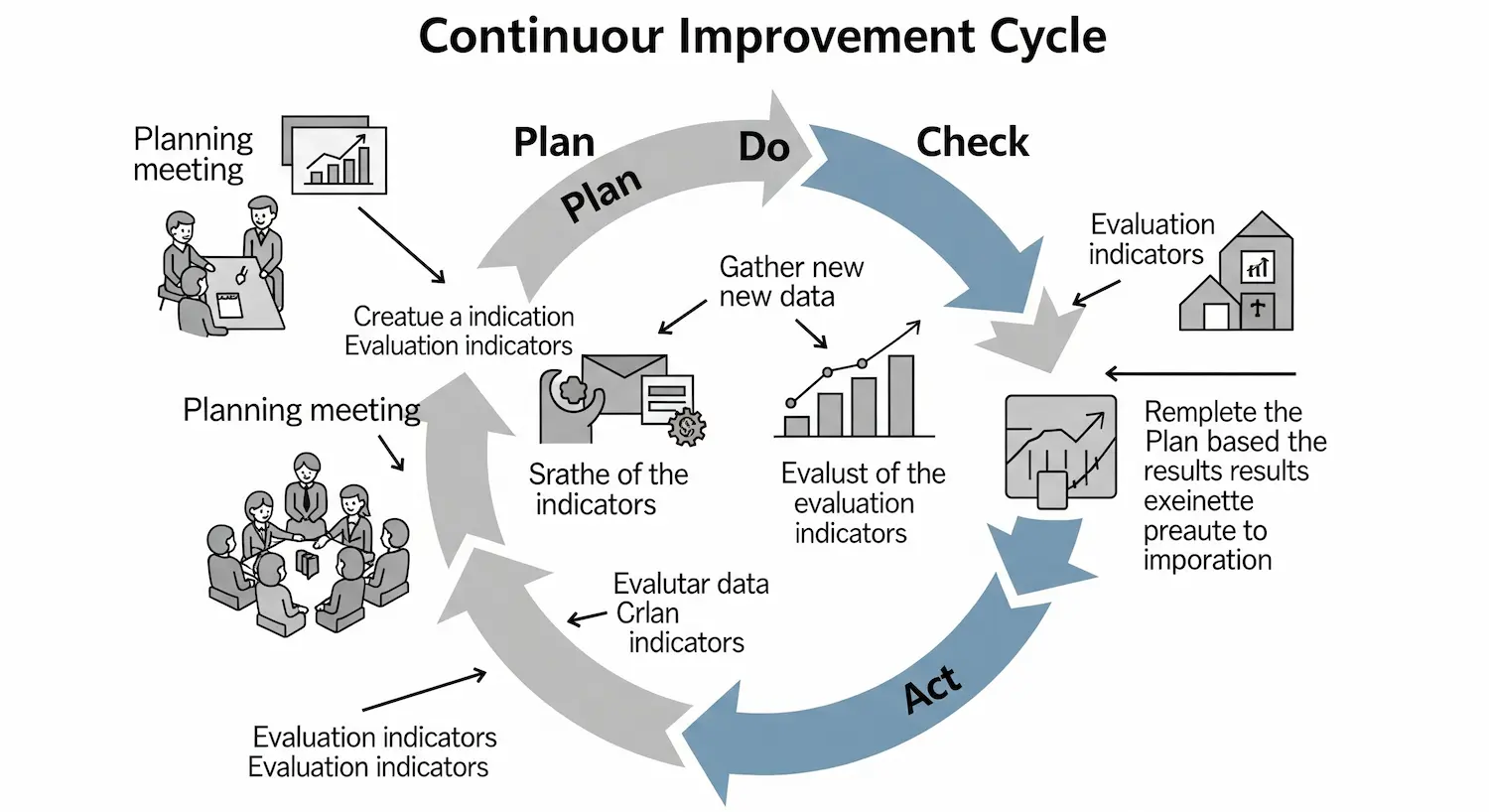 Ciclo de mejora continua con indicadores de evaluación: planificar, ejecutar, verificar, actuar